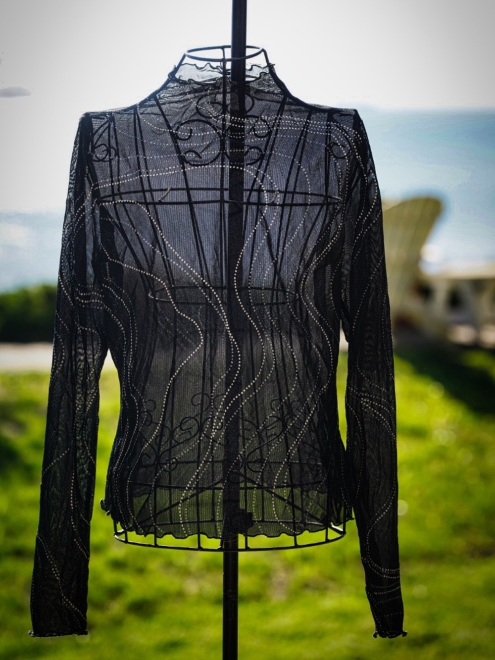 Bohemian Sheer Mesh Mock Neck Top - Swirl Pattern - Black (Fits Small)